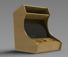 an old fashioned wooden video game console with its doors open to reveal the screen and controls