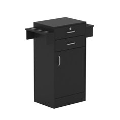 a black cabinet with two drawers on the bottom and one drawer open to reveal something