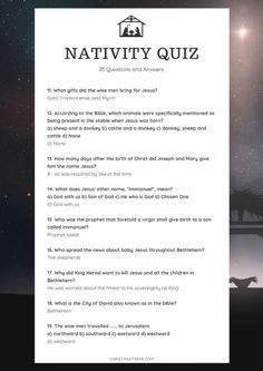 the nativity quiz is shown in front of a night sky with stars and clouds