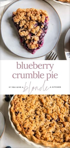 blueberry crumble pie on a white plate