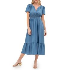 August Sky Women's Split Neckline Midi Dress, Chambray, Medium Blue V-neck Short Sleeve Dress For Spring, Spring V-neck Rayon Dress With Short Sleeves, Chic Short Sleeve V-neck Dress For Brunch, Spring Midi Dress With Notched Neckline, Spring Solid Color Midi Dress With Notched Neckline, Solid Color V-neck Short Sleeve Dress For Spring, Solid Color V-neck Short Sleeve Summer Dress, Summer Rayon V-neck Dress With Short Sleeves, Short Sleeve Rayon V-neck Dress For Summer