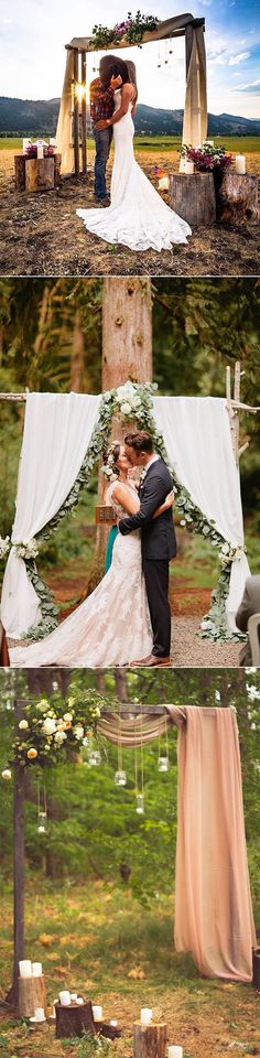 a couple is kissing under an outdoor wedding arch