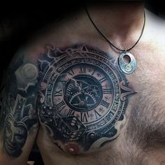 a man's chest with a clock tattoo on it