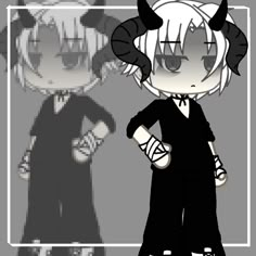 an anime character with horns standing next to another character