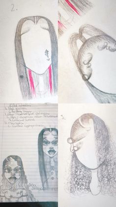 four different drawings of women with long hair