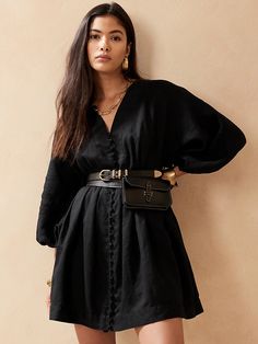 Linen Balloon-Sleeve Mini Dress | Banana Republic Dark Feminine Style, Feminine Color Palette, Black Linen Dress, Romantic Destinations, Banana Republic Dress, Feminine Look, Black Linen, Balloon Sleeves, Mini Dress With Sleeves