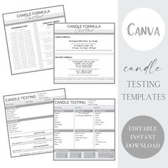 the canva complete testing template is shown in three different colors and font, along with two