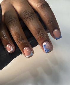 Short Nails With Blue Design, Short Square Acrylic Nails Funky, Short Manicured Nails Gel Designs, Short Square Overlay Nails, Light Blue And Silver Nails Short, Short Everyday Nails, Short Blue And Silver Nails, Bib Short Nails, Overlay Nails Blue