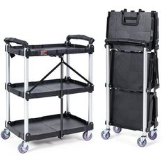 two black trolleys with wheels and one has a handlebar on the bottom shelf