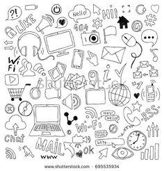 hand drawn doodles on the theme of social media and communication in black and white