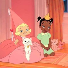 the princess and the frog are sitting on the floor with their stuffed animals in front of them