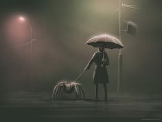 a woman holding an umbrella while standing next to a dog