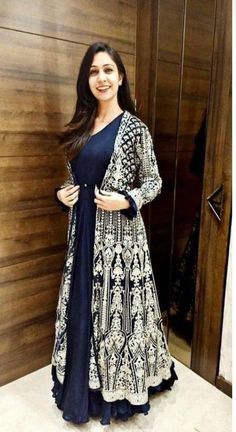 Blue Shrug Outfit, Shrug Style Dresses Indian, Long Shrugs Outfit Indian, Wedding Frock Designs, Long Jacket Dresses, Long Gown Design, Fancy Frocks, Womens Trendy Dresses, Fancy Dresses Long