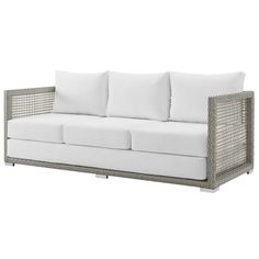 an outdoor sofa with white cushions and pillows on the back, in front of a white background