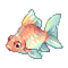 a pixelated image of a goldfish with an orange tail and yellow eyes, on a white background