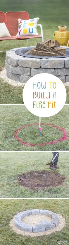 the fire pit is made out of concrete and has a sign that says how to build a fire pit