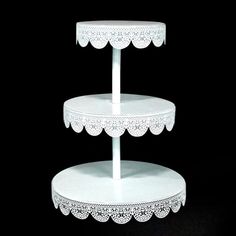 three tiered cake stand with lace trim