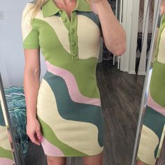 Never Worn! Super Comfortable Trendy Fitted Collared Dress, Green Collared Mini Dress For Spring, Retro Collared Mini Dress For Spring, Green Short Sleeve Mini Dress For Day Out, Green Collared Midi Dress For Day Out, Trendy Green Short Sleeve Dress, Green Retro Short Sleeve Midi Dress, Blush Dresses, Dresses Blue