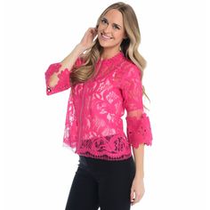 The Kate & Mallory women loves her feminine lace. This style comes with mixed patterns of lace with scalloped edges at neckline, sleeve, and hemline. Lace done in a jacket silhouett,e this is a fresh metal zip front style with a stand collar and 3/4 bell sleeve. Wear open or zipped up with your favorite Kate & Mallory pants or over a dress for extra style and coverage. This will make year-round statements in your wardrobe. Pink Lace Sleeve Top For Spring, Feminine Pink Lace Top With Lace Sleeves, Spring Pink Tops With Lace Sleeves, Pink Lace Top With Lace Sleeves For Spring, Spring Scalloped Lace Top, Spring Lace Top With 3/4 Sleeves, Spring Stretch Lace Top With Lace Trim, Stretch Lace Top With Lace Trim For Spring, Spring Feminine Lace Collar Top