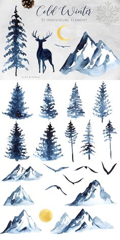 watercolor illustrations of trees and mountains with the moon in the sky