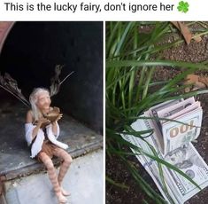 a doll sitting on the ground next to money