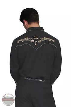 Scully P-627 BLK Musical Notes Embroidered Long Sleeve Shirt in Black This sophisticated Musical Notes Embroidered Long Sleeve Shirt by Scully is the perfect choice for the style-conscious music lover. Crafted from a comfortable poly/rayon blend and featuring elegant gold embroidery of music notes on the front and back, you'll be sure to stand out from the crowd with this stylish shirt. Poly/rayon blend snap front shirt Gold embroidery music notes (front/back) Style# P-627 BLK Classic Long Sleeve Embroidered Shirt, Fitted Embroidered Shirt For Fall, Embroidered Fitted Shirt For Fall, Classic Embroidered Tops For Fall, Black Embroidered Western Top, Western Style Long Sleeve Embroidered Shirt, Western Long Sleeve Embroidered Shirt, Western Style Embroidered Cotton Shirt, Fitted Embroidered Collared Shirt