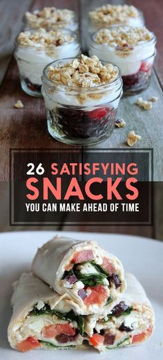 some food is stacked on top of each other with the title saying 20 satiseving snacks you can make ahead of time