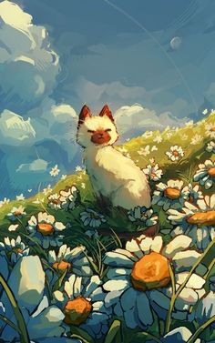 a painting of a cat sitting in the middle of a field of wildflowers