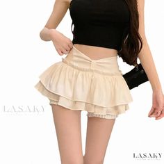 Lasaky - Ballet-inspired Sweet and Spicy Cake Fluffy High-Waisted Half Skirt Anti-Glare Skort Trendy High Waist Ruffles Skort, Trendy High-waisted Ruffled Mini Skirt, Cute High-waisted Ruffled Bottoms, Cute White High-waist Mini Skirt, Cute High Waist White Mini Skirt, Cute High-waist Pleated Mini Skirt, Cute High Waist Pleated Mini Skirt, Casual Beige Party Bottoms, Casual Beige Bottoms For Party