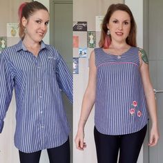 two pictures of a woman in blue and white striped shirt