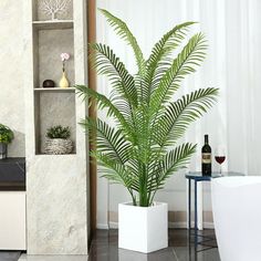 a plant in a white vase next to a shelf filled with bottles and wine glasses