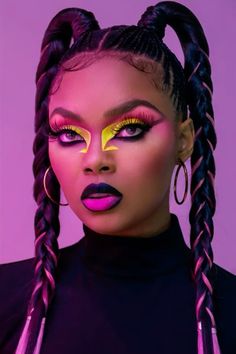 a woman with bright makeup and long braids on her head, wearing neon yellow eyeliner