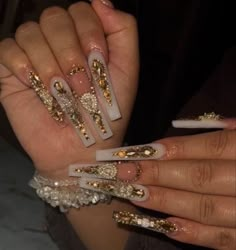 Quinceañera Nails, Nails Long Acrylic, Acrylic Nails Cute, Acrylic Nails Long, Nails With Gold, Nails Pretty