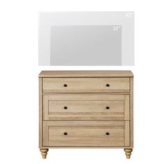 a wooden dresser with a mirror above it and a white background in the back ground