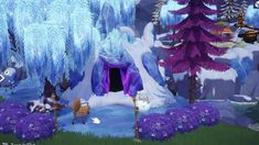 an animated scene with purple trees and snow