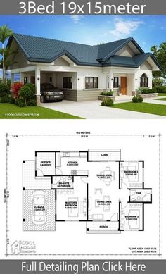 two story house plan with 3 beds and 1 5 meters from the ground level, it has