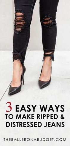 Want that distressed designer denim look without the price tag? Here are 3 incredibly easy DIY projects to create your own distressed jeans! From frayed hems to ripped knees, you can turn all of your jeans into designer ripped jeans within minutes. - www. Distressed Jeans Diy, Ripped Jeans Designs, Diy Distressed Jeans, Diy Fashion Trends, All Jeans, Designer Denim