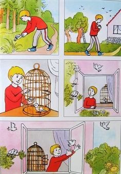 a comic strip shows the stages of being in a birdcage and how to use it