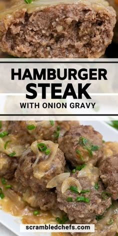 hamburger steak with onion gravy on a white plate