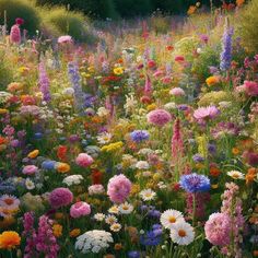 a field full of wildflowers with trees in the background