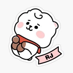 a white teddy bear with a pink ribbon around its neck and the word rj on it