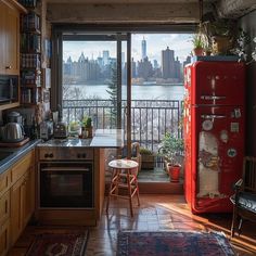 a kitchen with a red refrigerator next to a window and a view of the city