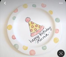 a birthday plate with a party hat on it