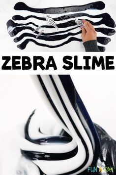 two different images of black slime and white slime mixed together and the text 'zebra slime' Monkey Snacks For Preschool, Rainforest Lessons, Animal Science Experiments, Zoo Animals Preschool Activities, Animal Science Activities, Jungle Theme Activities, Zoo Activities Preschool, Safari Science, Mfw Kindergarten