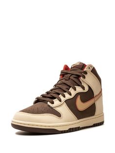 Nike Dunk High "Baroque Brown" Sneakers - Farfetch Brown Lace-up Skate Shoes For Streetwear, Brown Lace-up Skate Shoes With Gum Sole, Brown Streetwear Skate Shoes With Rubber Sole, Brown High-top Skate Shoes With Contrast Sole, Brown Skate Shoes With Rubber Sole For Streetwear, Nike Beige High-top Sneakers, Nike Brown Basketball Shoes For Streetwear, Beige Nike High-top Sneakers, Beige Nike Sneakers With Rubber Sole