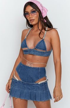 Denim With Pearls, Denim Swimwear, Skirts Satin, Corset Fashion Outfits, Pleated Denim Skirt, Denim Swimsuit, Skirts Denim, Midi Wrap Skirt, Wrap Skirts