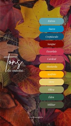 an image of autumn leaves with the names of them in spanish and latin writing on it