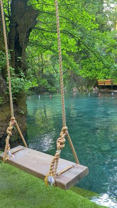 a wooden swing hanging from the side of a river