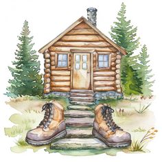 a watercolor painting of two shoes in front of a log cabin with steps leading up to the door