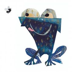 a paper cut out of a blue frog and a bee flying in the air next to each other